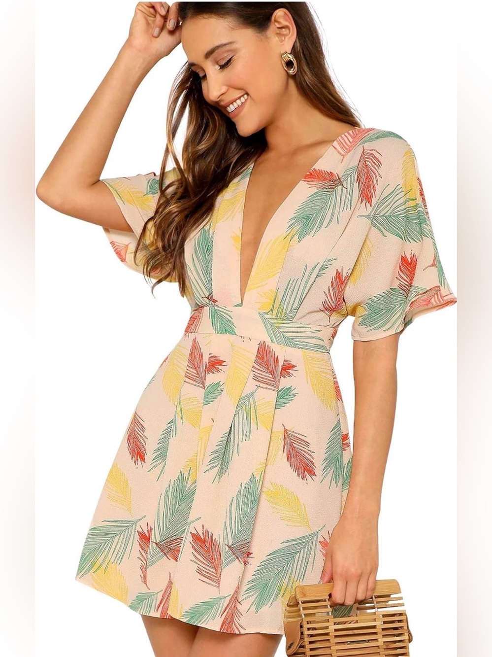 Floerns Women's Tropical Floral Plunging V Neck Tie Open Back Summer Short Dress